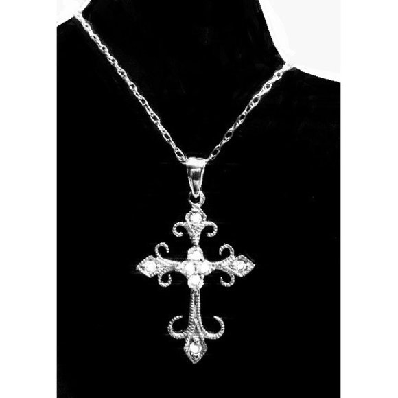 Solid 14k White Gold Genuine Diamonds Filigree Cross Necklace 18" New WOT - Picture 5 of 12